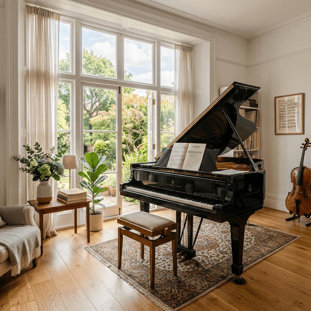 Bright music room with grand piano, floral arrangement, and cello