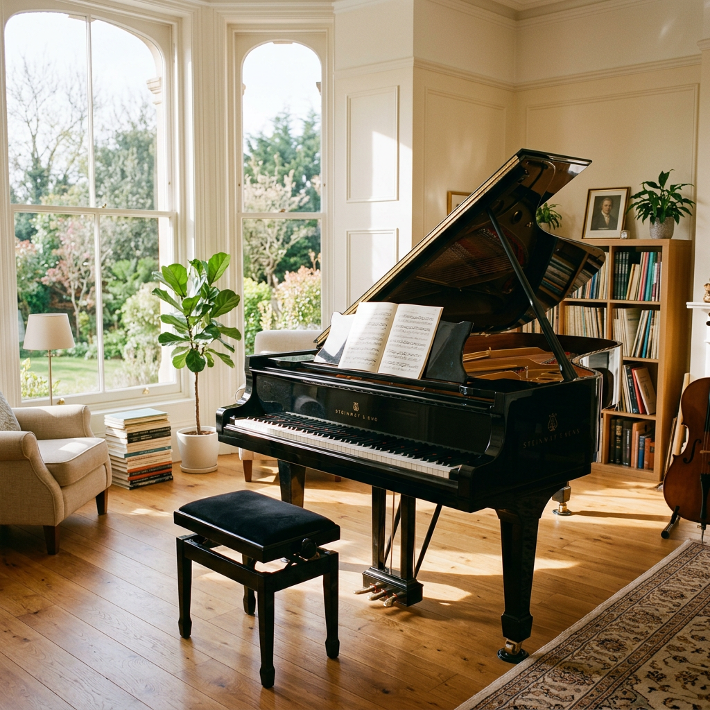 Black grand piano with open lid and sheet music on stand in a sunlit living room